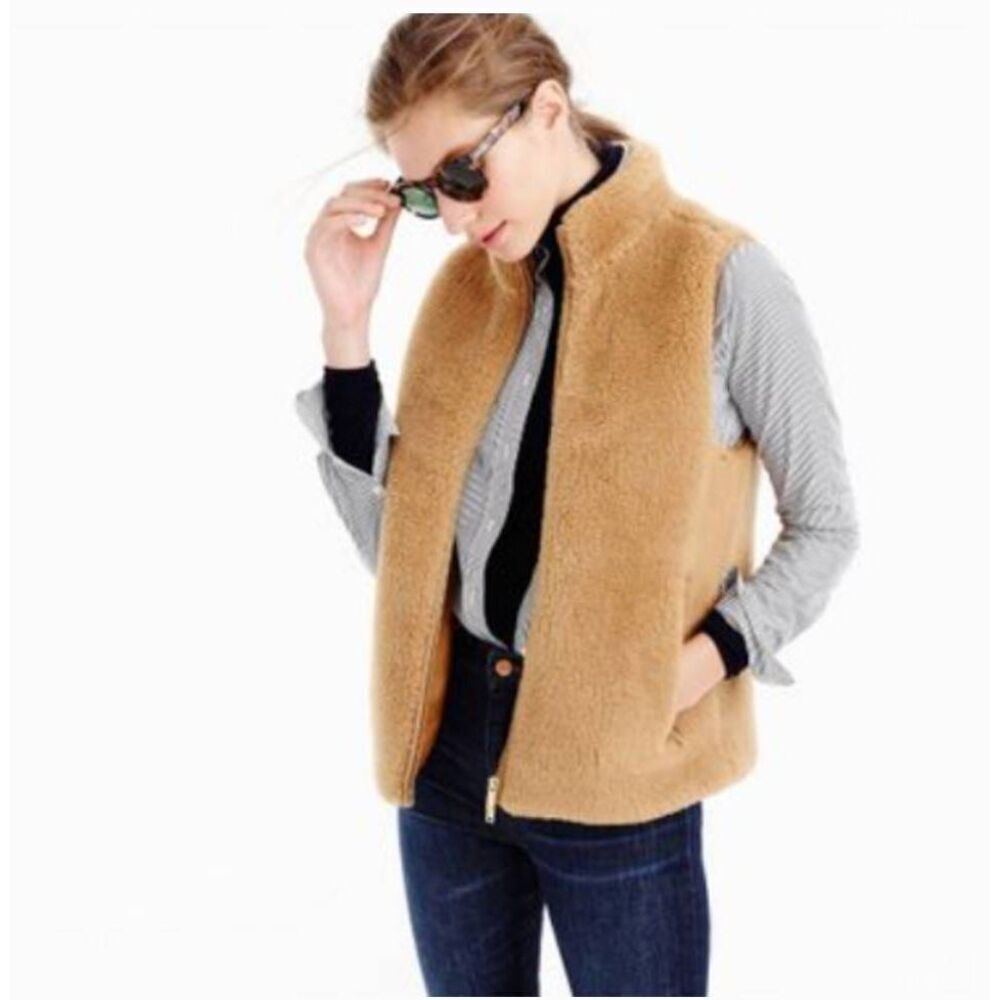 J CREW XL Plush Fleece Excursion Vest Golden Honey Faux Fur Cozy Boho Hippy